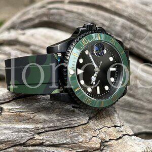 DIY Custom Made SUB MODS Watch NH35 Automatic Black Dial Green Camo Rubber Band